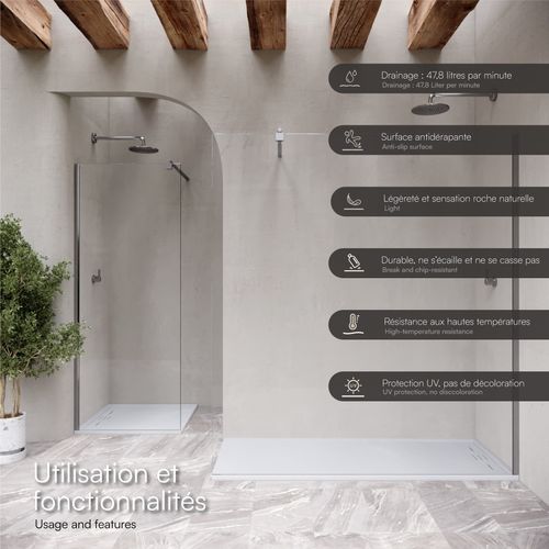 Receveur De Douche Hiemal 80 X 140 Cm Résine Blanc Aspect Ardoise + Bonde Incluse