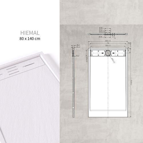 Receveur De Douche Hiemal 80 X 140 Cm Résine Blanc Aspect Ardoise + Bonde Incluse