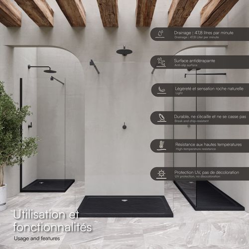 Receveur De Douche Shimmer Stone 80 X 90 Cm Acrylique Noir Effet Pierre + Bonde Et Siphon Inclus