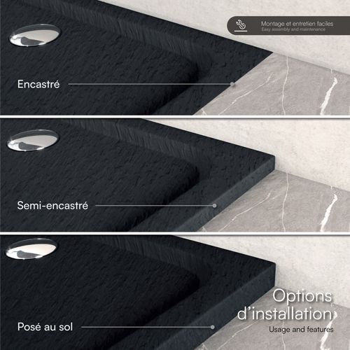 Receveur De Douche Shimmer Stone 75 X 90 Cm Acrylique Noir Effet Pierre + Bonde Et Siphon Inclus