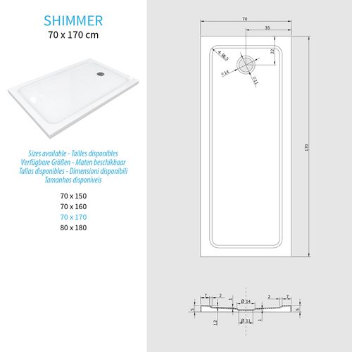 Receveur De Douche Shimmer 70 X 170 Cm Acrylique Blanc + Bonde Et Siphon Inclus