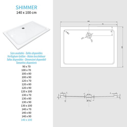Receveur De Douche Shimmer 100 X 140 Cm Acrylique Blanc + Bonde Et Siphon Inclus