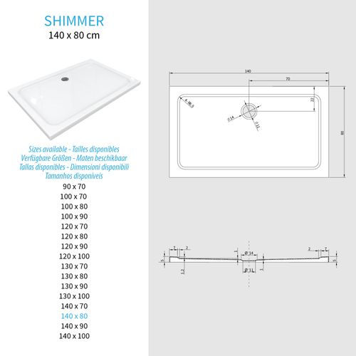 Receveur De Douche Shimmer 80 X 140 Cm Acrylique Blanc + Bonde Et Siphon Inclus