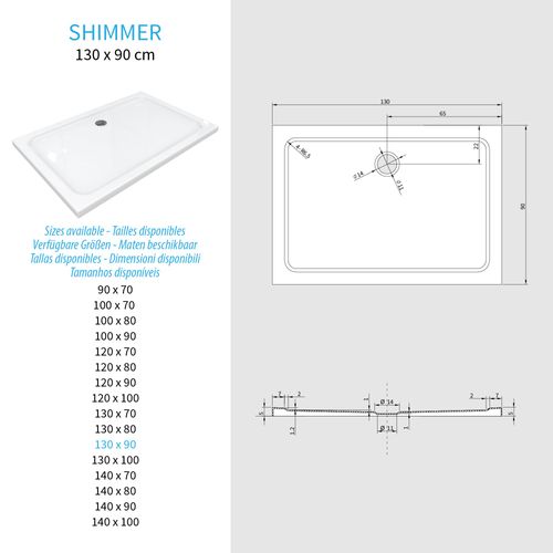 Receveur De Douche Shimmer 90 X 130 Cm Acrylique Blanc + Bonde Et Siphon Inclus