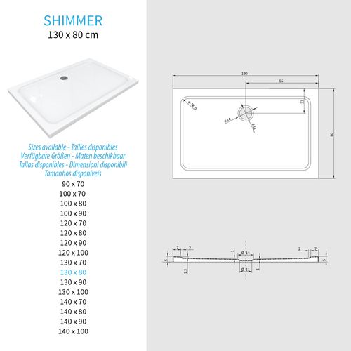 Receveur De Douche Shimmer 80 X 130 Cm Acrylique Blanc + Bonde Et Siphon Inclus