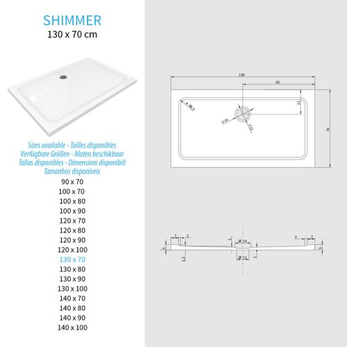 Receveur De Douche Shimmer 70 X 130 Cm Acrylique Blanc + Bonde Et Siphon Inclus