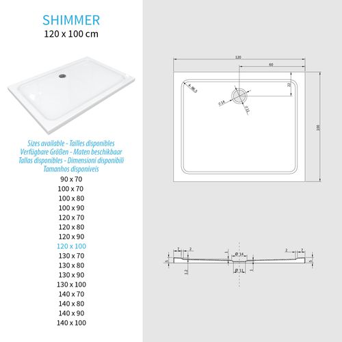 Receveur De Douche Shimmer 100 X 120 Cm Acrylique Blanc + Bonde Et Siphon Inclus