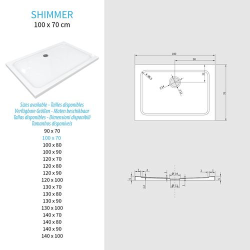 Receveur De Douche Shimmer 70 X 100 Cm Acrylique Blanc + Bonde Et Siphon Inclus