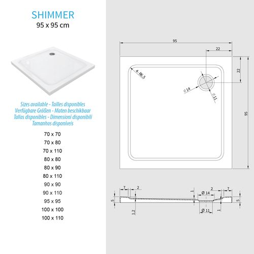Receveur De Douche Shimmer 95 X 95 Cm Acrylique Blanc + Bonde Et Siphon Inclus