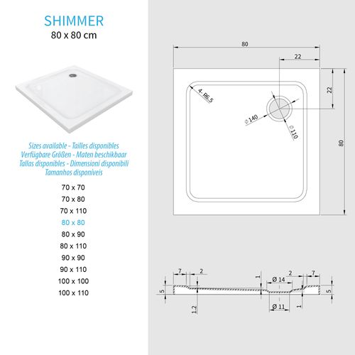 Receveur De Douche Shimmer 80 X 80 Cm Acrylique Blanc + Bonde Et Siphon Inclus