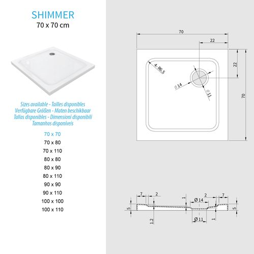 Receveur De Douche Shimmer 70 X 70 Cm Acrylique Blanc + Bonde Et Siphon Inclus