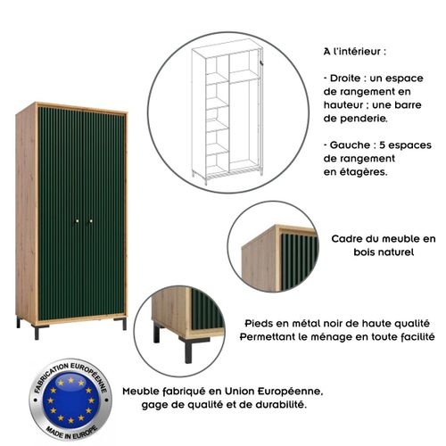 Parii Armoire Penderie 2 Portes 89x196 Cm En Bois Design Contemporain Vert Bouteille