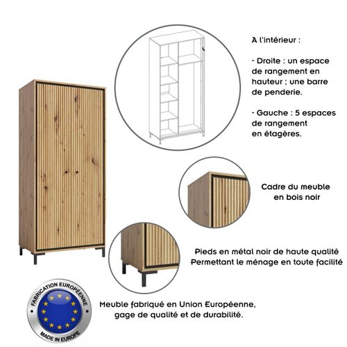Parii Armoire Penderie 2 Portes 89x196 Cm En Bois Design Contemporain    Bois Naturel
