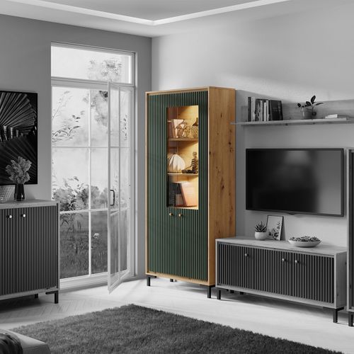 Parii Vaisselier 5 Étages En Bois Vitrine Avec LED 89x196 Cm Design Contemporain    Vert Bouteille