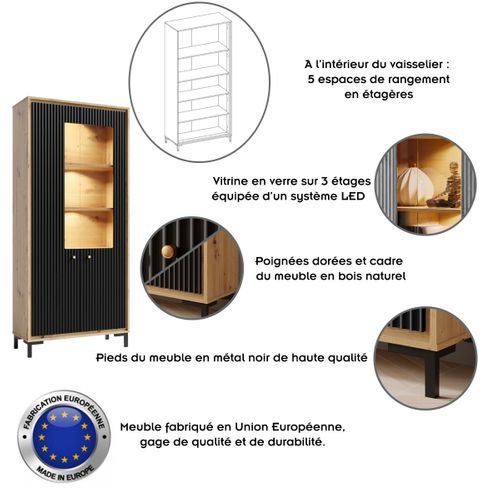 Parii Vaisselier 5 Étages En Bois Vitrine Avec LED 89x196 Cm Design Contemporain Noir Mat