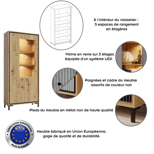 Parii Vaisselier 5 Étages En Bois Vitrine Avec LED 89x196 Cm Design Contemporain Bois Naturel