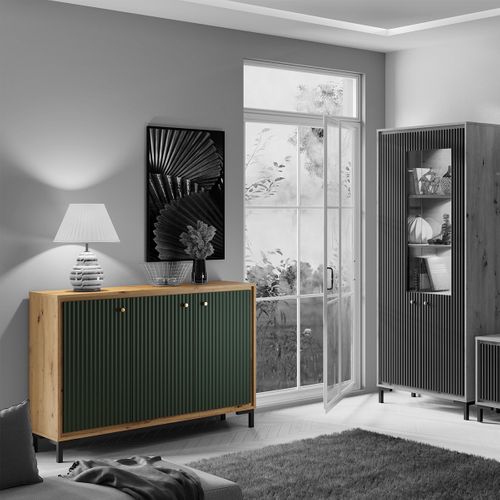 Parii Buffet 3 Portes 130x92 Cm En Bois Design Contemporain Vert Bouteille