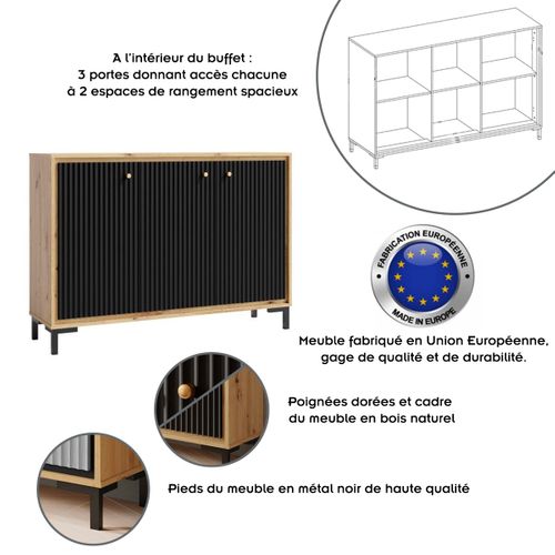 Parii Buffet 3 Portes 130x92 Cm En Bois Design Contemporain    Noir Mat