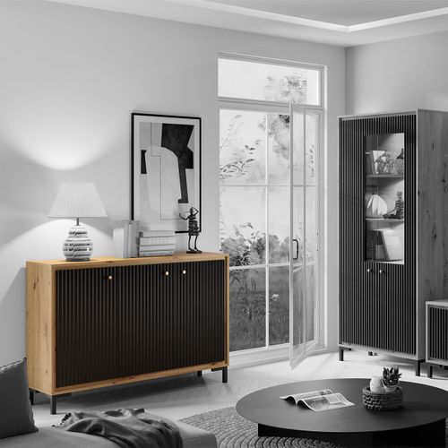 Parii Buffet 3 Portes 130x92 Cm En Bois Design Contemporain    Noir Mat