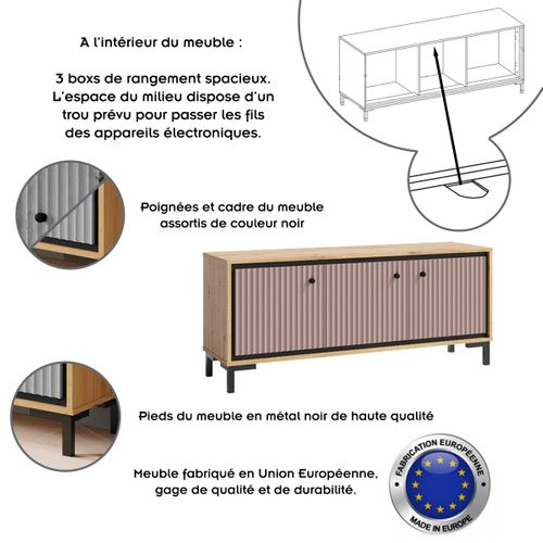 Parii Meuble TV 3 Portes 130x56 Cm En Bois Design Contemporain    Rose Antique