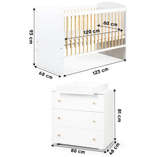 Karolina Ii Ensemble Lit Bébé 120x60 Et Commode à Langer 3 Tiroirs    Blanc / Pin