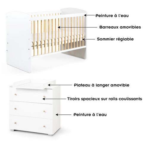 Karolina Ii Ensemble Lit Bébé 120x60 Et Commode à Langer 3 Tiroirs    Blanc / Pin