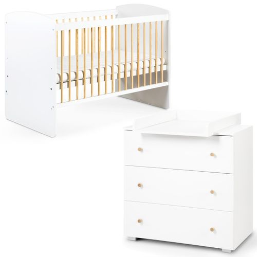 Karolina Ii Ensemble Lit Bébé 120x60 Et Commode à Langer 3 Tiroirs    Blanc / Pin