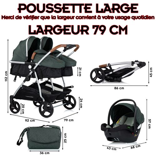 Duo Smart Poussette Jumeaux Ou Enfants Rapprochés Largeur 79 Cm + 2 Cosy Isize Vert Avec Base Isofix