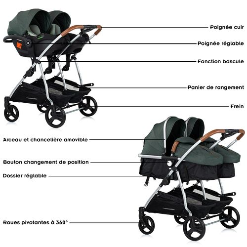 Duo Smart Poussette Jumeaux Ou Enfants Rapprochés Largeur 79 Cm + 2 Cosy Isize Vert Avec Base Isofix