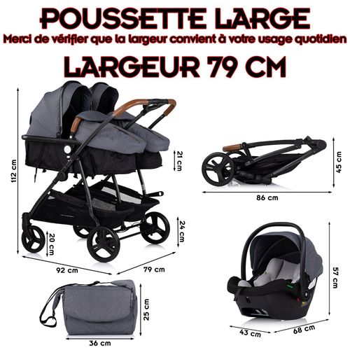 Duo Smart Poussette Jumeaux Ou Enfants Rapprochés Largeur 79 Cm    Gris   + 2 Cosy I-size Gris