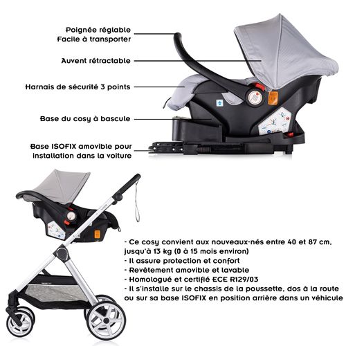 Vista Poussette Combinée Jusqu'à 22 Kg Nacelle Souple, Assise Et Cosy I-size Avec Base Isofix Gris