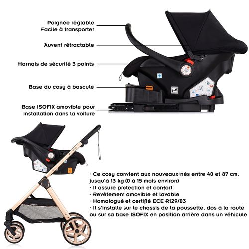 Vista Poussette Combinée Jusqu'à 22 Kg Nacelle Souple, Assise Et Cosy I-size Avec Base Isofix Noir