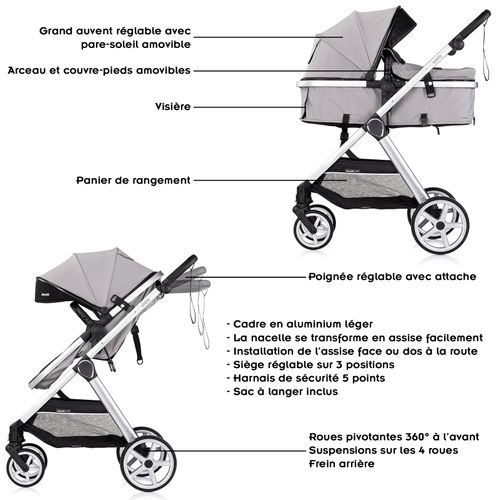 Vista Poussette Combinée Jusqu'à 22 Kg Nacelle Souple + Assise Classique    Gris   + 1 Cosy I-size