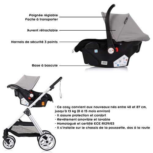 Vista Poussette Combinée Jusqu'à 22 Kg Nacelle Souple + Assise Classique    Gris   + 1 Cosy I-size