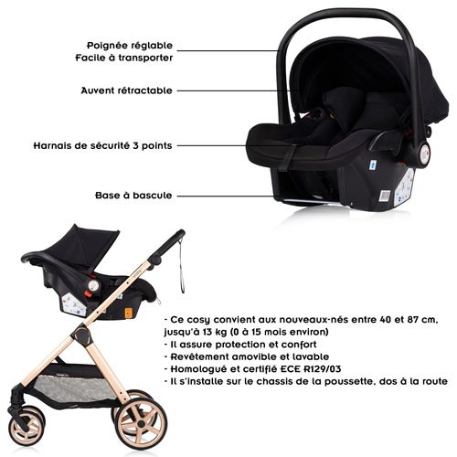 Vista Poussette Combinée Jusqu'à 22 Kg Nacelle Souple + Assise Classique    Noir   + 1 Cosy I-size