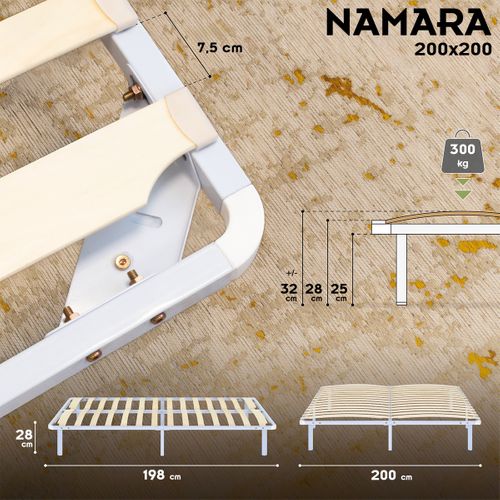 Namara Sommier à Lattes Robuste Avec Pieds En Acier - Montage Facile - 200x200 Cm Blanc