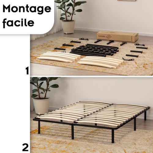 Namara Sommier à Lattes Robuste Avec Pieds En Acier - Montage Facile - 200x200 Cm Noir