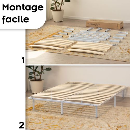 Namara Sommier à Lattes Robuste Avec Pieds En Acier - Montage Facile - 160x200 Cm   Blanc