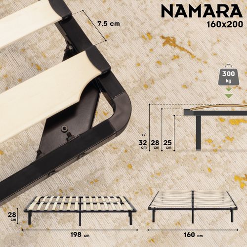 Namara Sommier à Lattes Robuste Avec Pieds En Acier - Montage Facile - 160x200 Cm   Noir