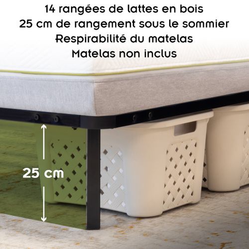 Namara Sommier à Lattes Robuste Avec Pieds En Acier - Montage Facile - 140x200 Cm   Noir