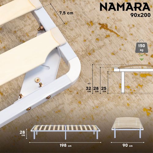 Namara Sommier à Lattes Robuste Avec Pieds En Acier - Montage Facile - 90x200 Cm   Blanc
