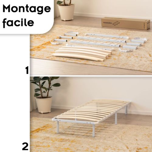 Namara Sommier à Lattes Robuste Avec Pieds En Acier - Montage Facile - 90x200 Cm   Blanc
