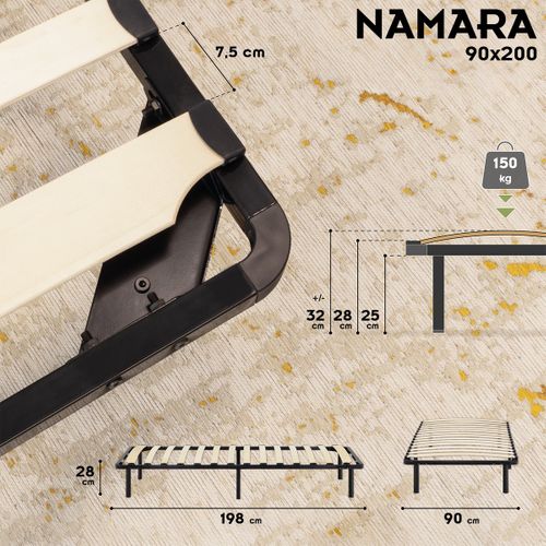 Namara Sommier à Lattes Robuste Avec Pieds En Acier - Montage Facile - 90x200 Cm Noir