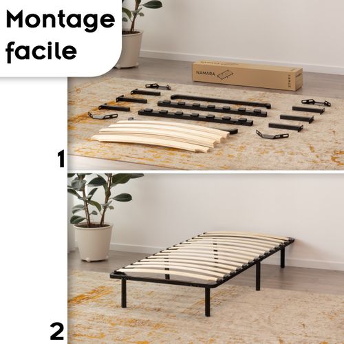 Namara Sommier à Lattes Robuste Avec Pieds En Acier - Montage Facile - 90x200 Cm Noir