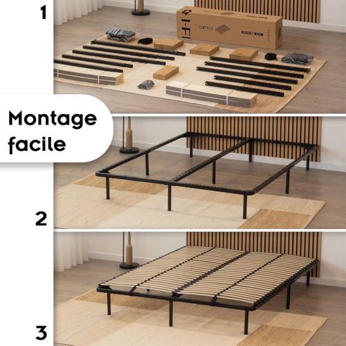 Ortho Sommier à Lattes En Acier Avec Bande Stabilisatrice    Noir   180x200 Cm Avec Pieds