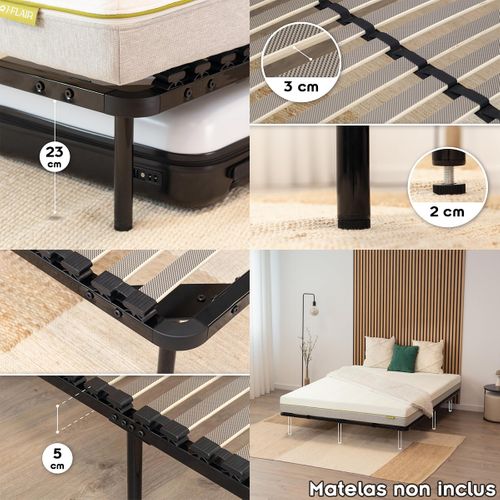 Ortho Sommier à Lattes En Acier Avec Bande Stabilisatrice    Noir   140x200 Cm Avec Pieds