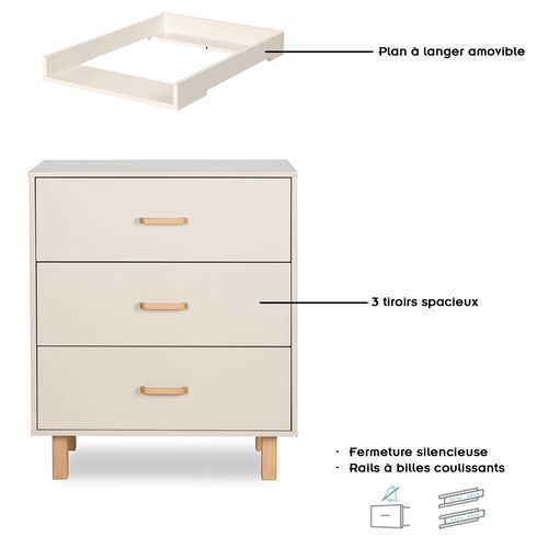 Laura Commode Bébé En Bois De Hêtre 3 Tiroirs    Champagne   Avec Plan à Langer Amovible