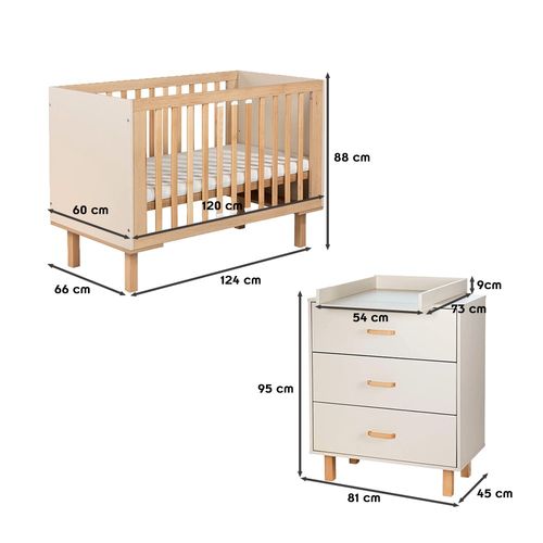 Laura Ensemble Bébé Commode Et Lit Évolutif 120x60 Champagne + Plan à Langer Commode
