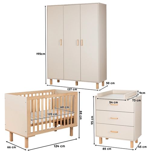 Laura Chambre Bébé Armoire Commode Et Lit Évolutif 120x60    Champagne   + Plan à Langer Commode