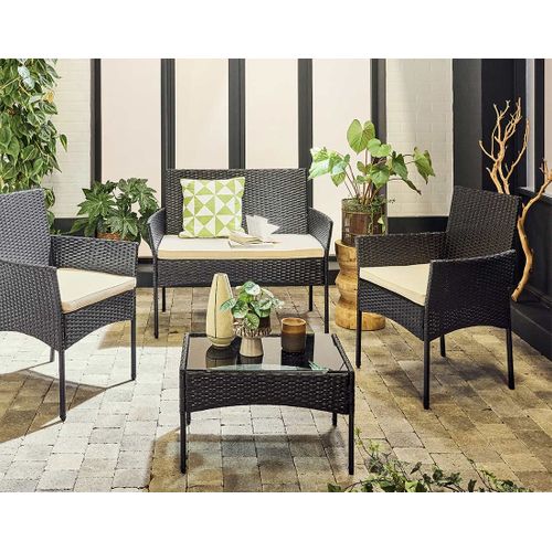 Marbella - Salon Bas De Jardin 4 Places - En Résine Tressée - Noir Avec Coussins Beiges